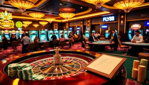 Experience the thrill at FLY88 with vibrant casino games, roulette, and excited players.