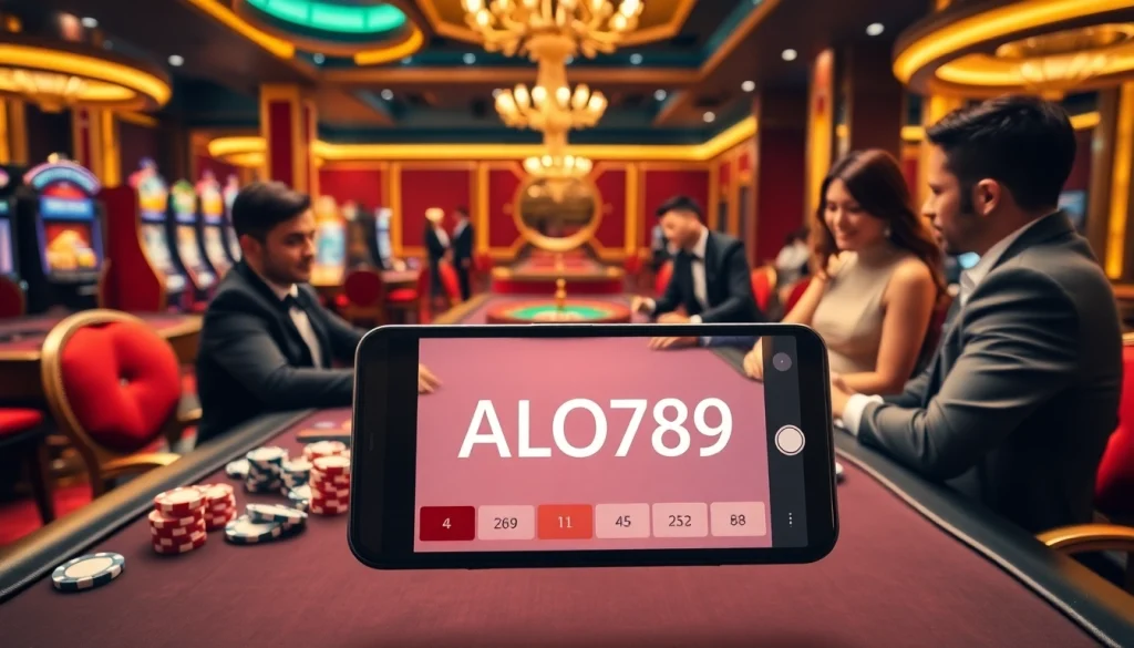 A thrilling baccarat game at ALO 789, featuring players and dealers in an elegant casino setting.
