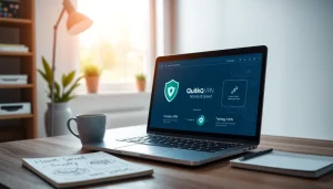 在现代工作区的笔记本电脑上显示安全连接的 QuickQ VPN 下载