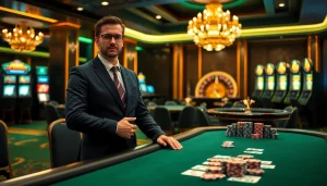 CEO 888new overseeing an elegant poker game, surrounded by roulette wheels and slot machines.