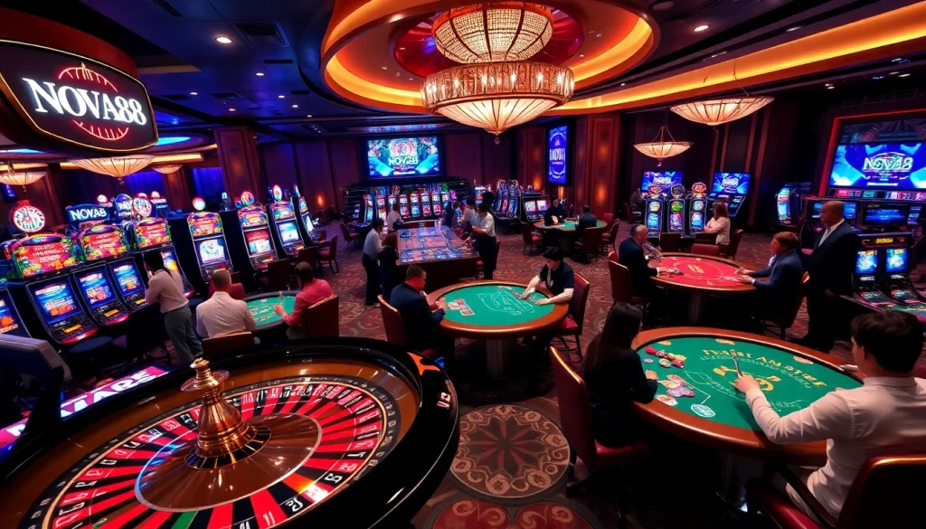 Excited players enjoying various games at NOVA88 casino, showcasing vibrant gambling atmosphere.