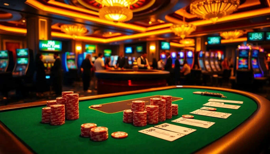 Experience the thrill of J88 gambling at a vibrant casino table with poker chips and cards.