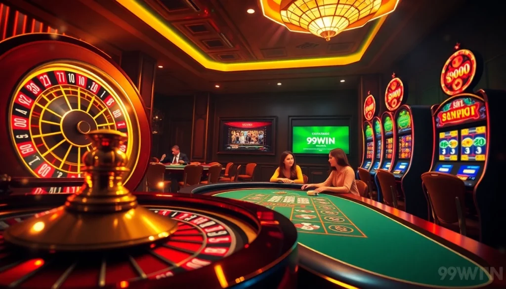 Players engaging in thrilling games at 99WIN's vibrant online casino, featuring roulette and poker.