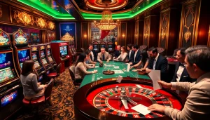 Gambling action at a luxurious casino featuring slot machines and poker tables, highlighting https://www.6rwin55.com/ for online gaming excitement.