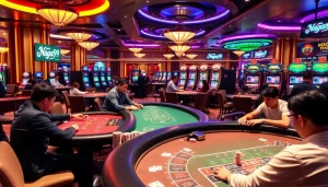 Naga99 players enjoying a thrilling casino experience with vibrant tables, chips, and slot machines.