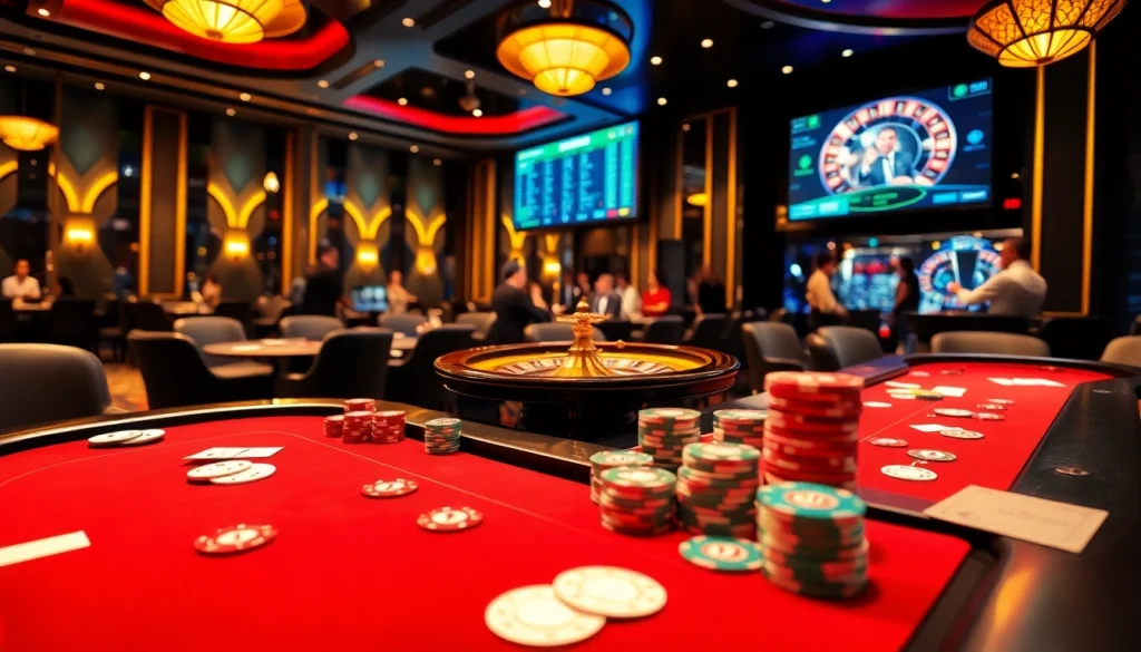 Vào lưới TV engaging scene of luxury poker table with players and roulette wheel.