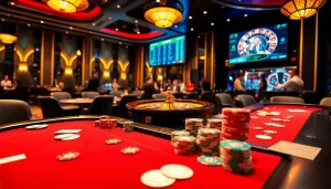 Vào lưới TV engaging scene of luxury poker table with players and roulette wheel.