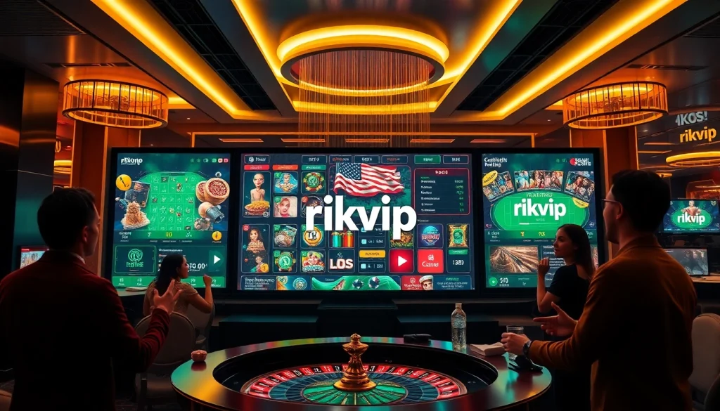 Gamblers enjoying thrilling games at Rikvip's premier online casino with poker chips and roulette wheels.