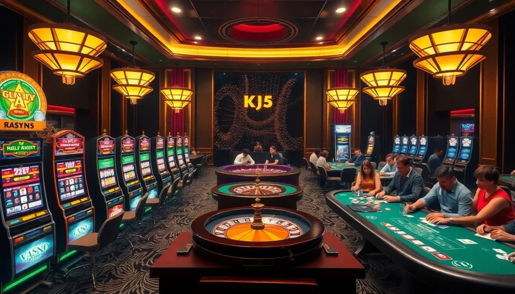 KJC casino scene featuring vibrant slot machines and a roulette wheel, showcasing excitement and luxury.