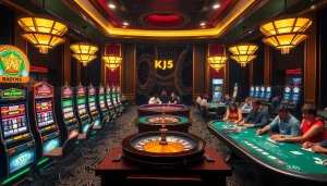 KJC casino scene featuring vibrant slot machines and a roulette wheel, showcasing excitement and luxury.