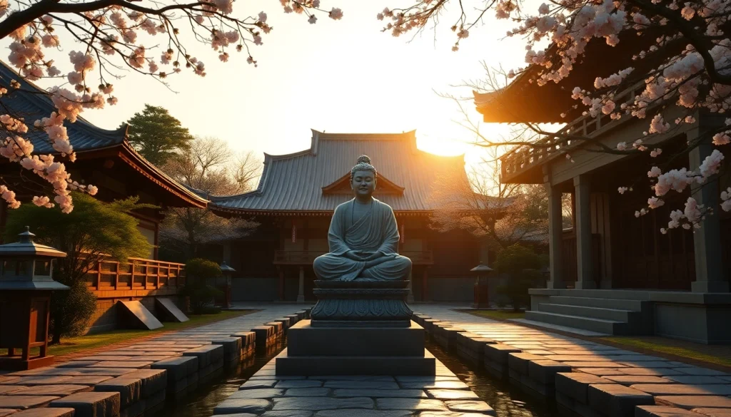 静かな日本の寺院にある即身仏像。静寂と歴史を強調。