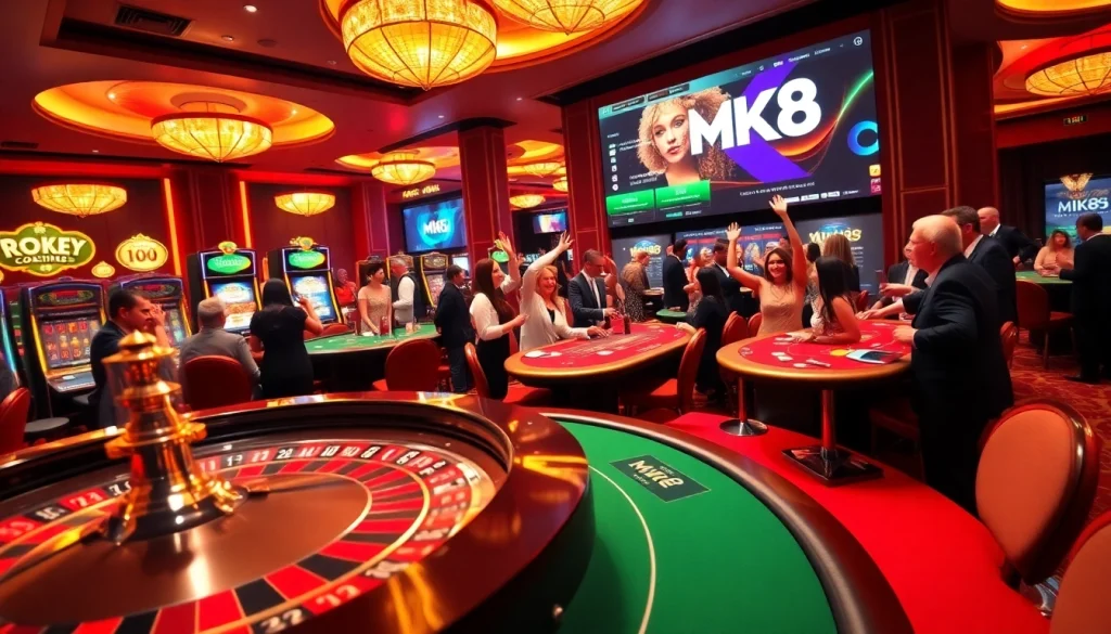 Players winning at the MK8 casino, showcasing excitement and luxury in a vibrant gambling scene.
