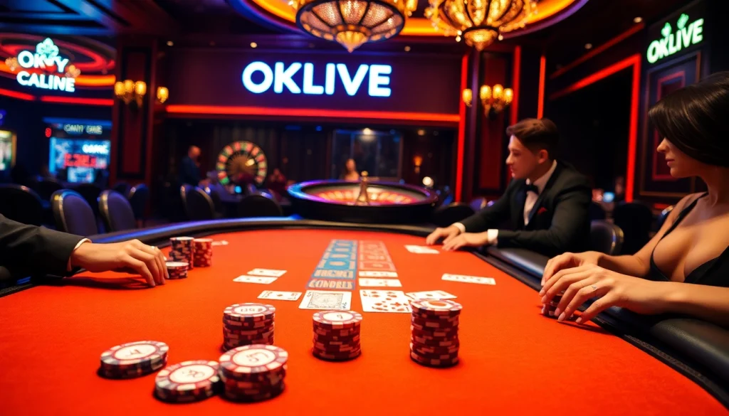 OKLIVE poker players strategizing at a luxurious casino table surrounded by chips and cards.