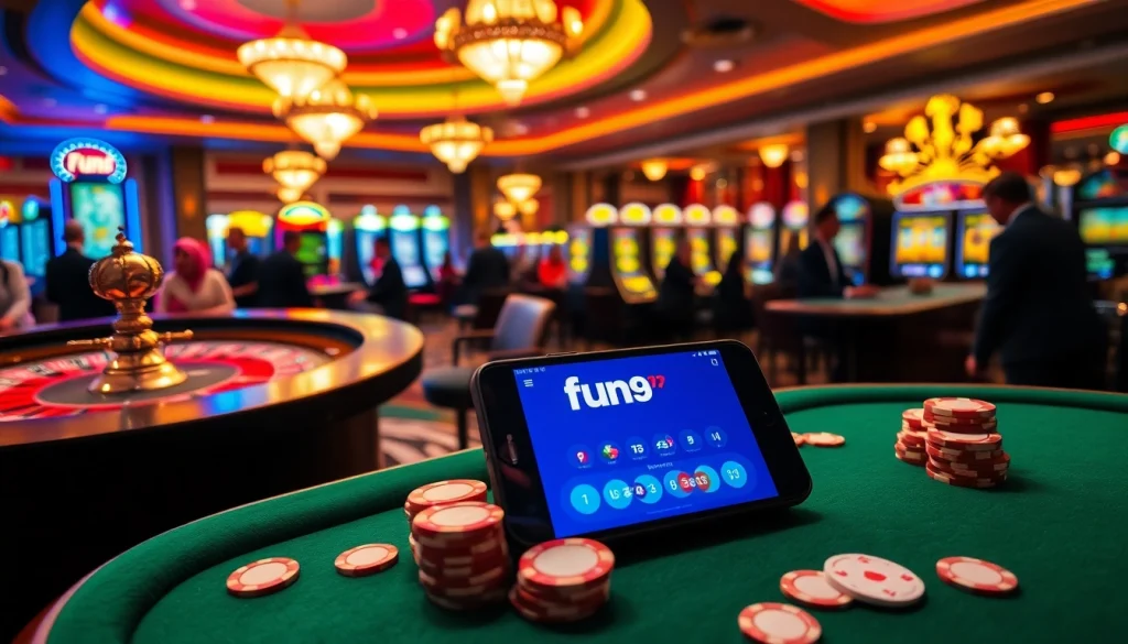 Experience high-stakes gambling excitement with the fun79 app in a vibrant casino scene.