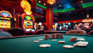 Excitement of the k9k9 game showcased at a luxurious casino, featuring vibrant poker tables and slot machines.