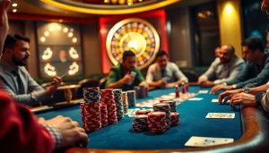 Players engage in a high-stakes poker game at a TK88 casino table, showcasing colorful chips and intense focus.