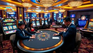 Engaging players strategize at a blackjack table in https://789win.associates/ casino scene.