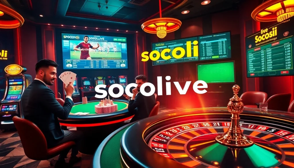 Socolive sports betting excitement with vibrant casino tables and thrilling players.