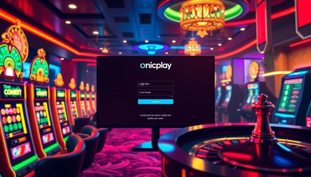 Engage with onicplay login for a vibrant online gambling experience featuring slot machines and poker chips.