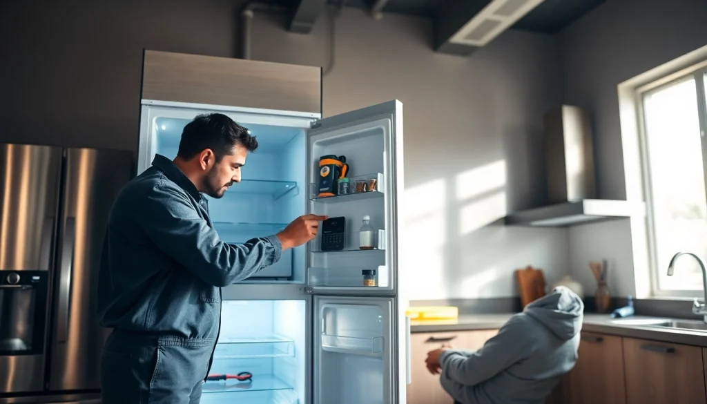 Technician performing refrigerator repair ottawa in a modern kitchen setting.