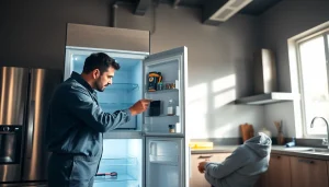 Technician performing refrigerator repair ottawa in a modern kitchen setting.