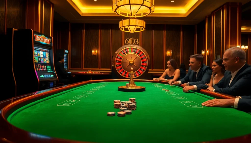 Players engaged at a poker table in a luxurious casino setting at https://www.6rwin5.com/, showcasing excitement and strategy.