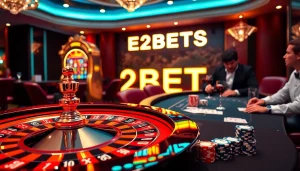 E2BETS casino experience with roulette table and poker chips in an elegant setting.