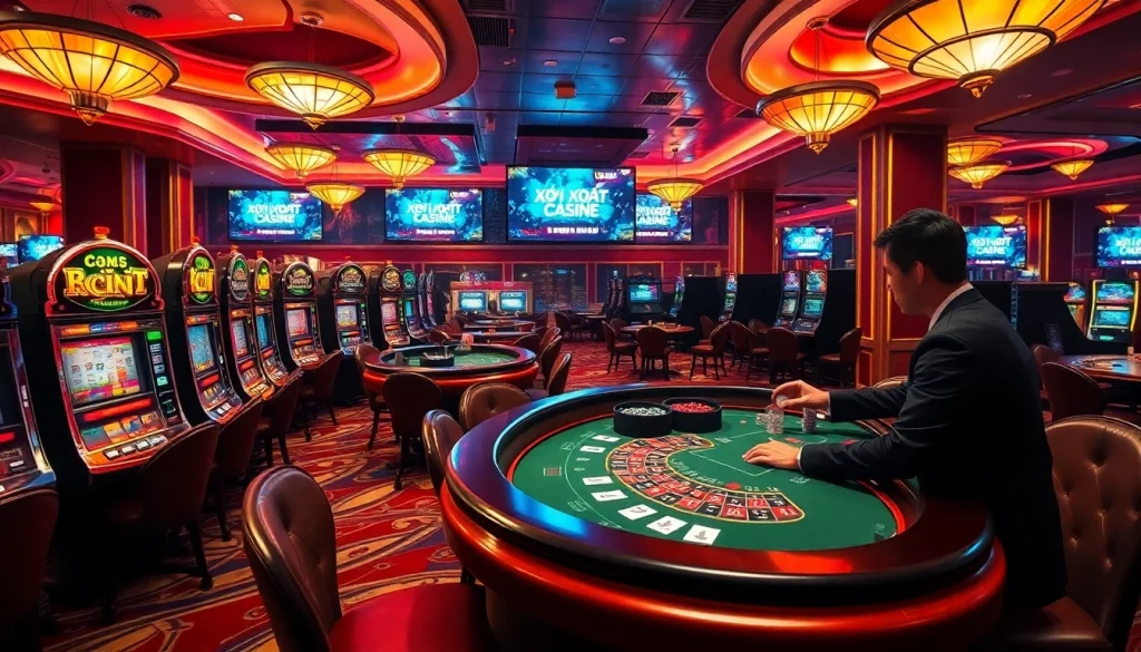 Xôi Xoài TV gaming scene with vibrant casino atmosphere featuring roulette, poker chips, and esports excitement.