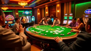 Players enjoy a thrilling SODO66 casino experience around an elegant gaming table filled with exciting action.