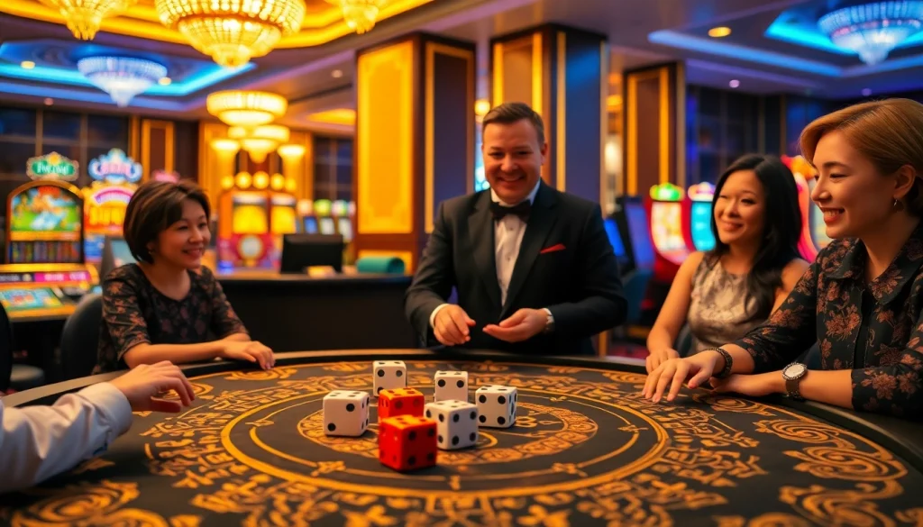 Players betting on tai xiu at a vibrant casino table with illuminated dice.
