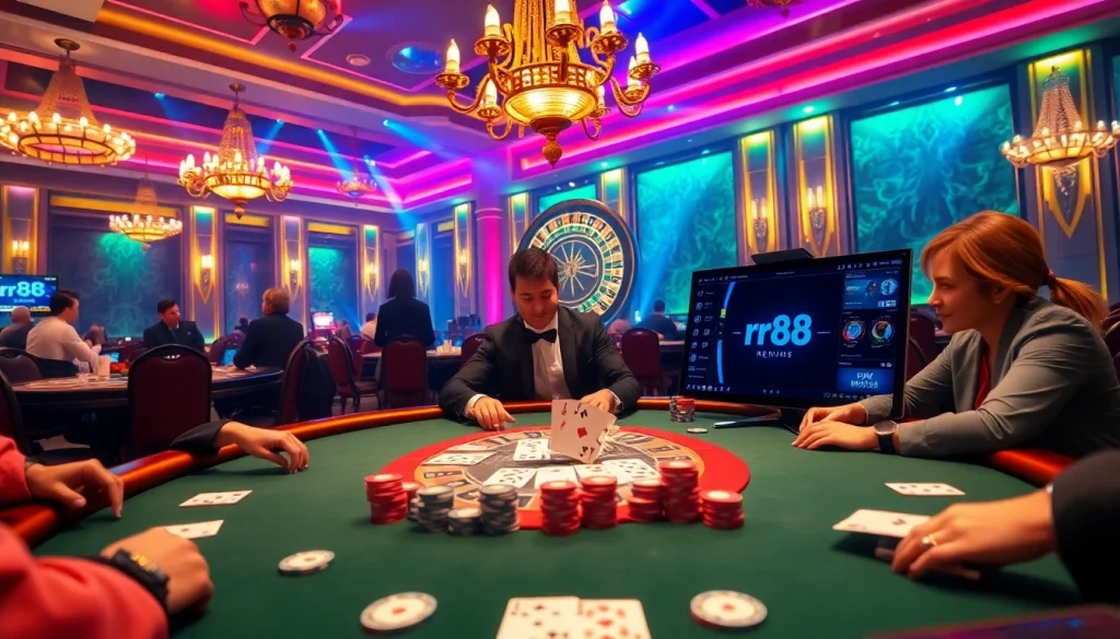 rr88 đăng nhập action at a high-stakes poker table with vibrant casino elements in a luxurious setting.