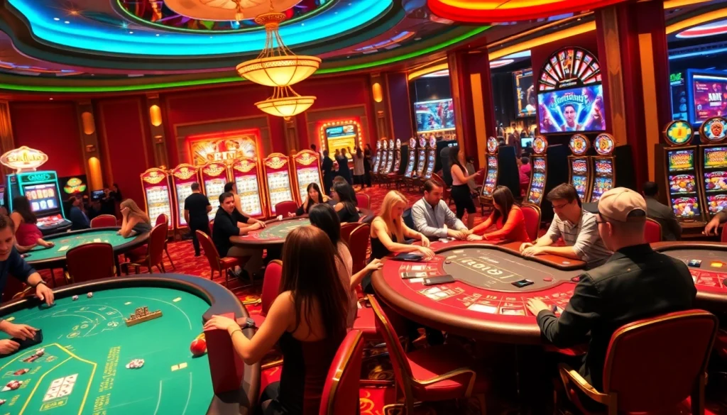 A lively casino scene featuring engaging players at poker tables and slot machines at 789win com.