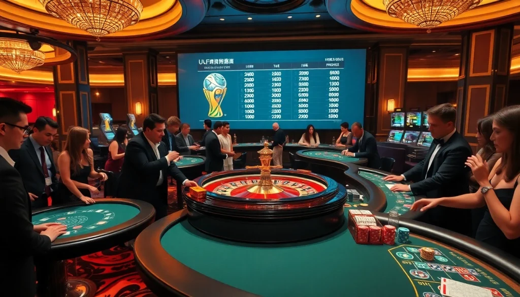 Engaging in แทงบอลโลก betting at a vibrant casino with a roulette wheel and eager players.