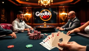 Engage in a thrilling poker game at good88bet with lavish chips and intense gameplay atmosphere.