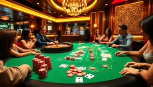 Play exciting casino games at mm88 with vibrant poker chips and a roulette wheel.