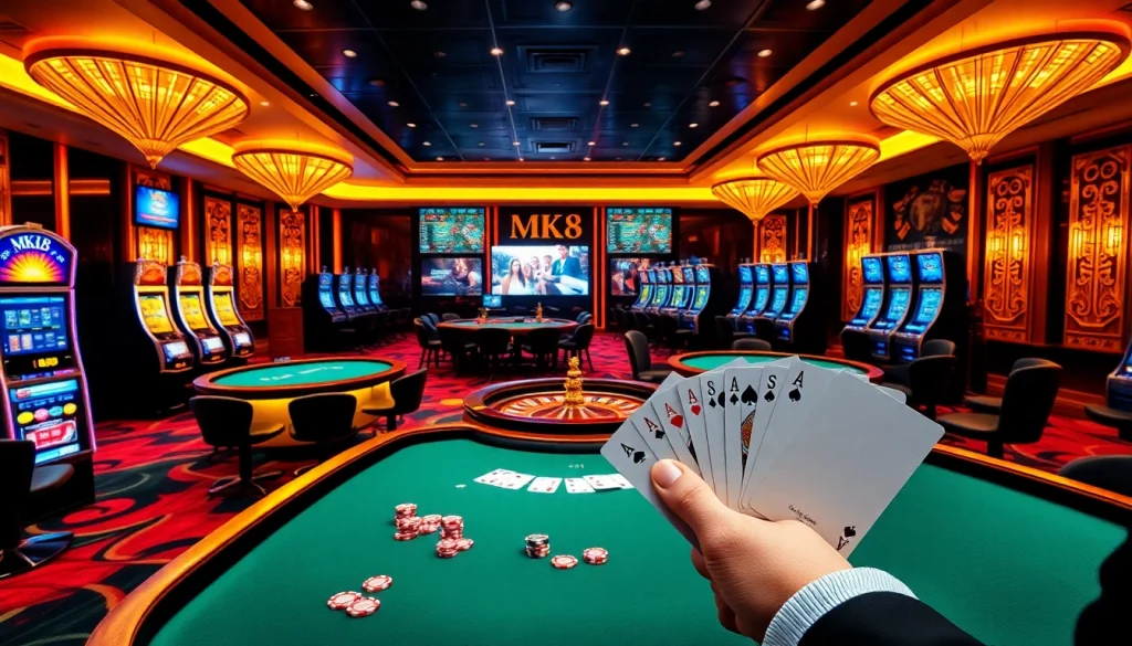 MK8 betting experience in a luxurious casino with poker tables, slot machines, and roulette wheel.
