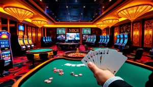 MK8 betting experience in a luxurious casino with poker tables, slot machines, and roulette wheel.