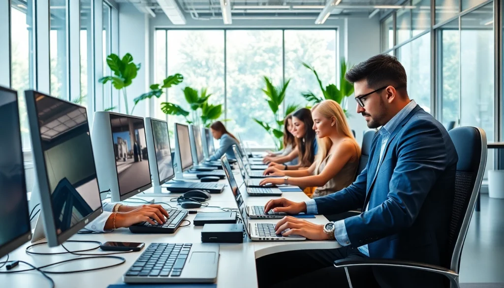 Dynamic scene of a typing center showcasing professionals engaged in collaborative work.