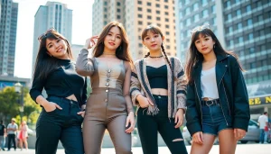 Portrait of the blackpink members in an urban setting, showcasing their unique styles and personalities.