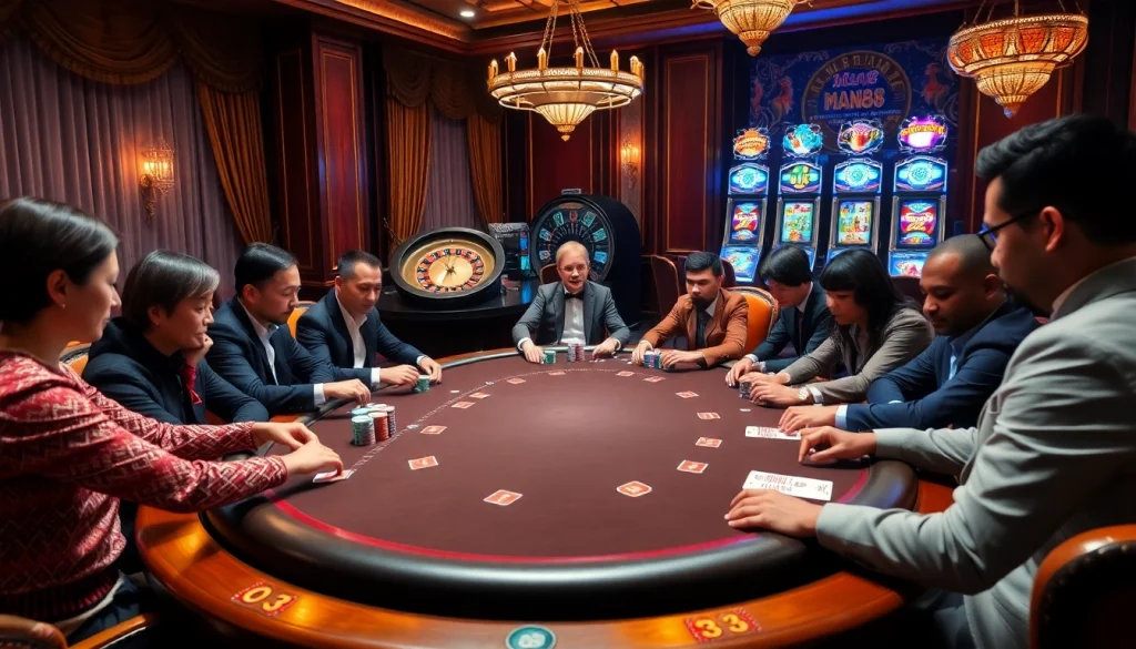 Engaged players competing at a Man88 poker table in a vibrant casino atmosphere.