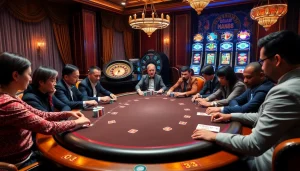 Engaged players competing at a Man88 poker table in a vibrant casino atmosphere.