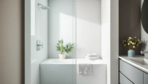 Showcasing a stylish shower screen door with elegant design enhancements in a modern bathroom.