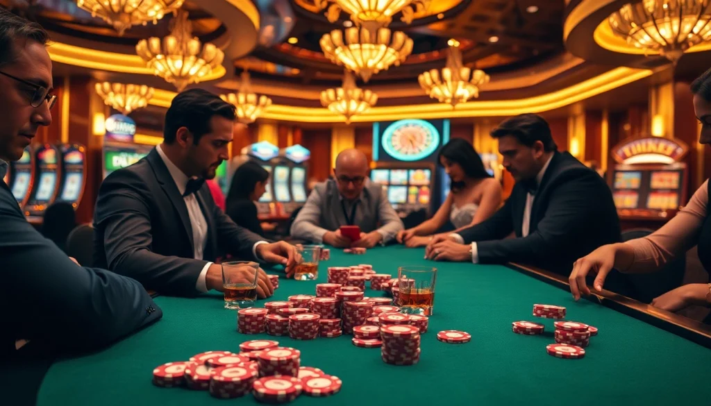 Players engaging intensely in a high-stakes poker game at NK88 casino, showcasing chips and cards.