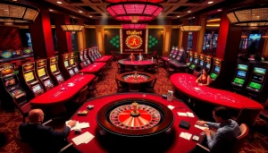 Experience the thrill of thabet casino with vibrant gambling tables and slot machines.