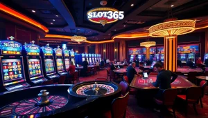 Gamblers winning at slot machines and tables in a luxurious casino, highlighting slot365 experiences.