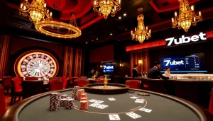 Engaging scene of players at a poker table with 7upbet branding, showcasing excitement in gambling.