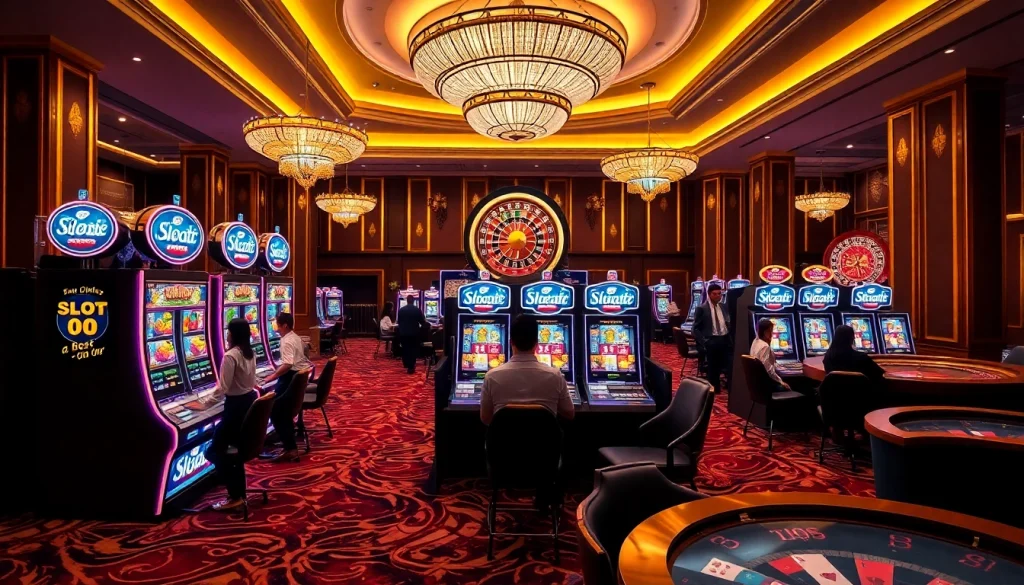 Experience the excitement of slot online apiraja88 at a vibrant casino with players and flashing machines.