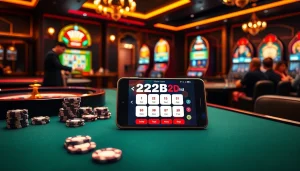 The 222bd app showcased on a mobile device among casino elements like poker chips and slot machines.