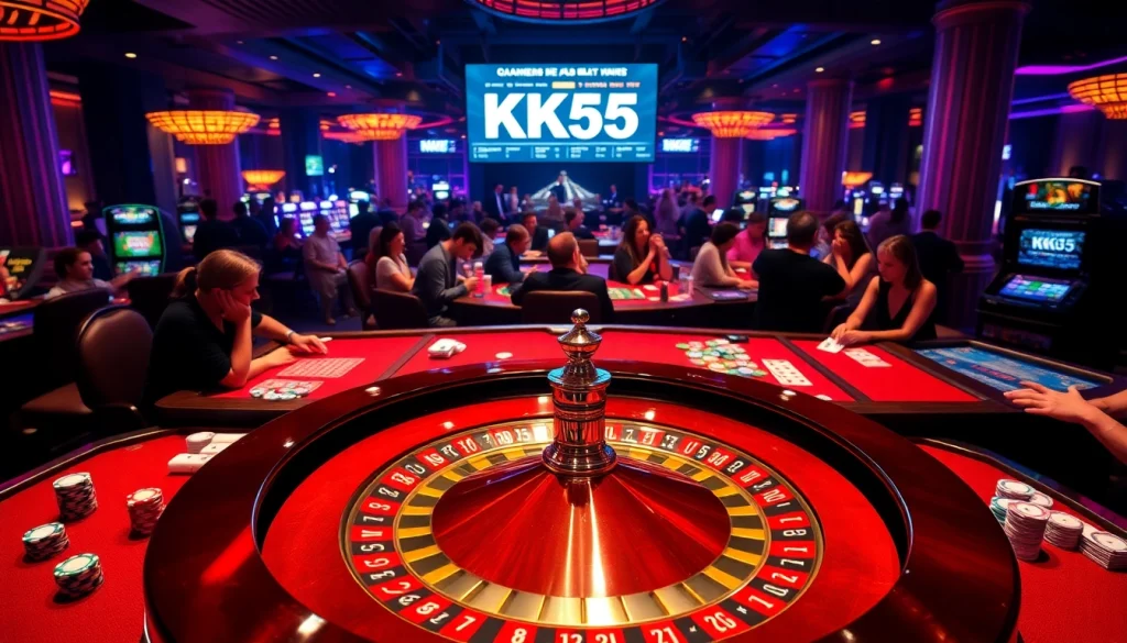Exciting casino scene highlighting nhà cái KK55 with roulette wheels, poker chips, and online betting.