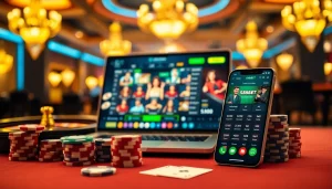 S88BET app displayed on a mobile device set against a luxurious casino backdrop with poker chips and cards.